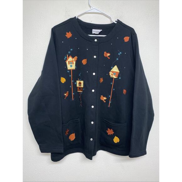 breckenridge Sweaters - Women’s Sweater Snap Up All Over Embroidered Leaves Fall Cottagecore Birds Sz 2X